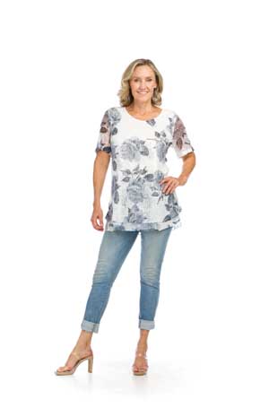 PT-16029 - FLORAL MESH SEQUIN LAYERED SHORT SLEEVE TOP - Colors: GREY, PINK - Available Sizes:XS-XXL - Catalog Page:58 